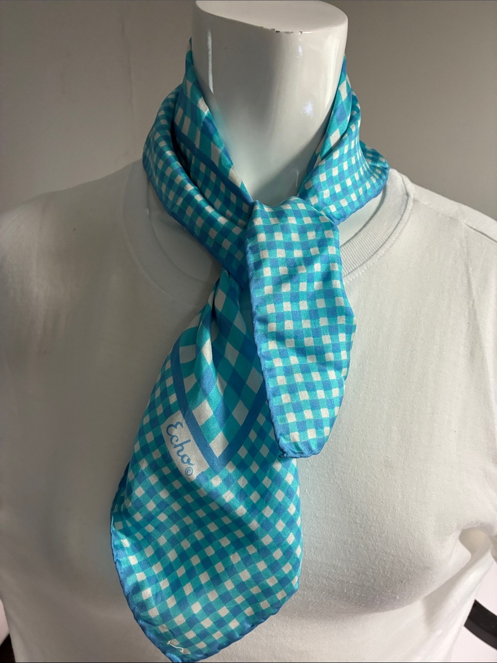 Echo Turquoise and White Gingham Neck Scarf